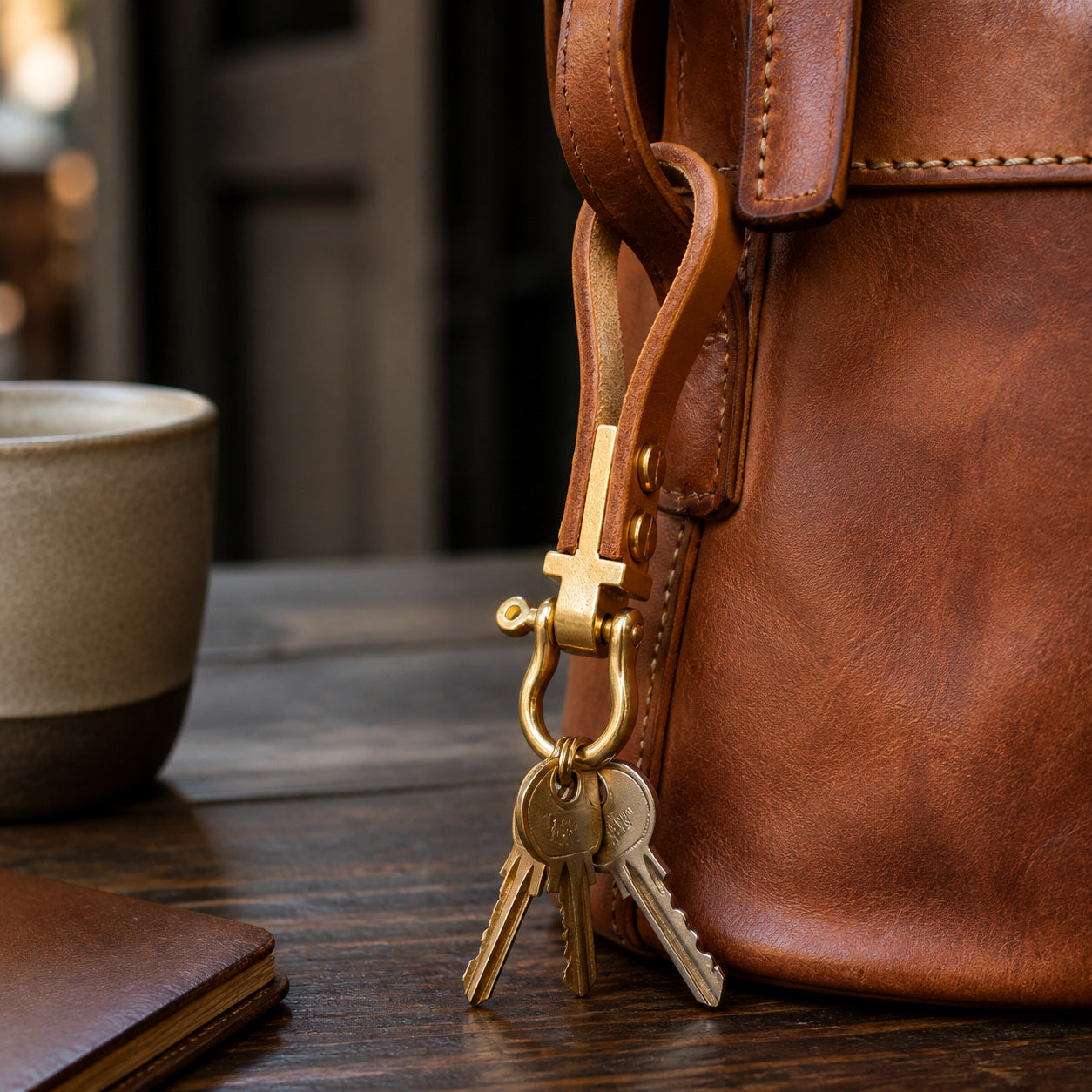Brass horseshoe shackle keychain clipped to a leather bag with keys attached