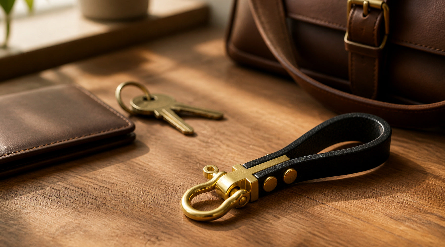 Brass horseshoe shackle keychain on a wooden table beside leather everyday carry essentials