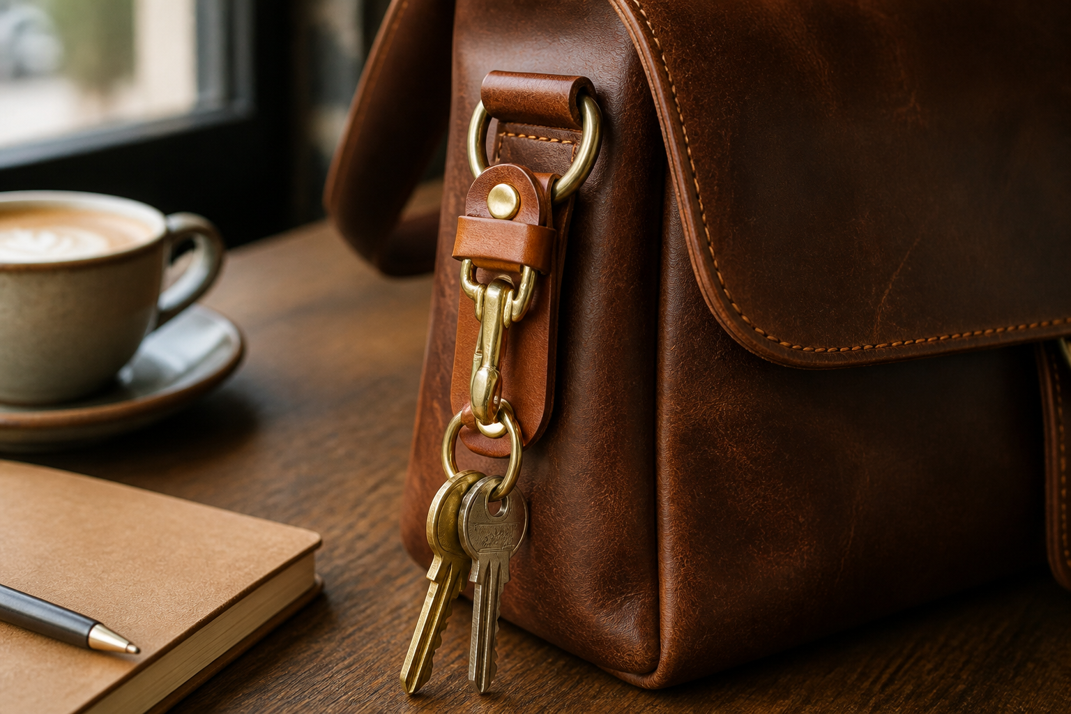 Cowhide keychain clipped to a leather messenger bag beside a notebook and coffee