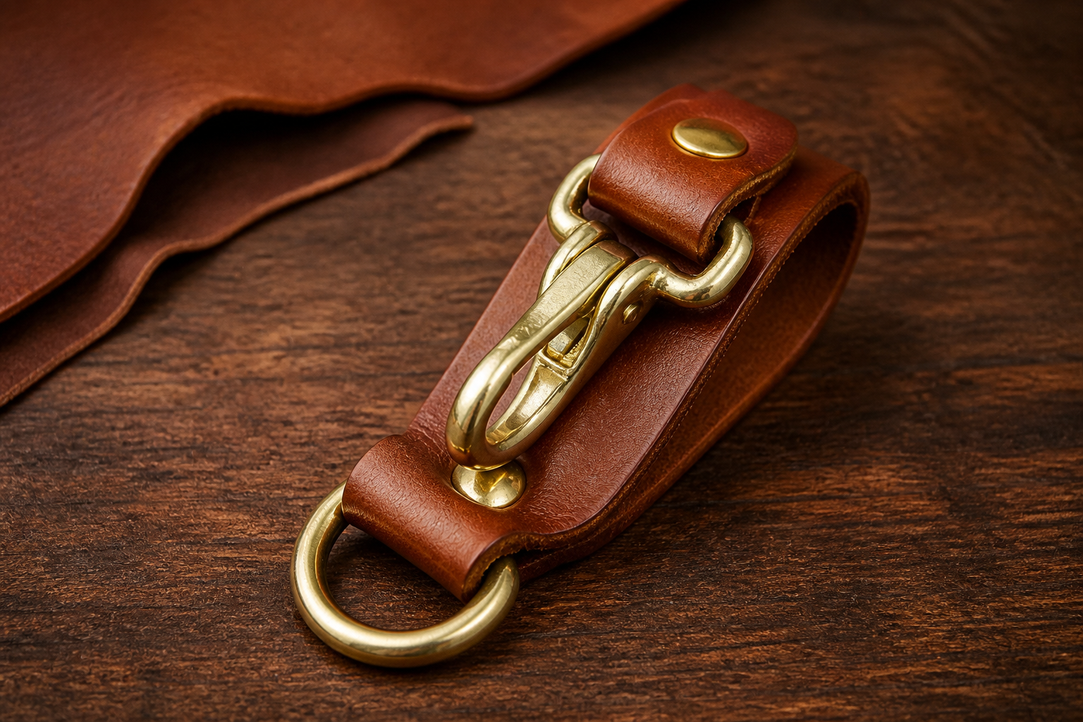 Close-up of the brass clasp, swivel joint, rivets, and cowhide edge