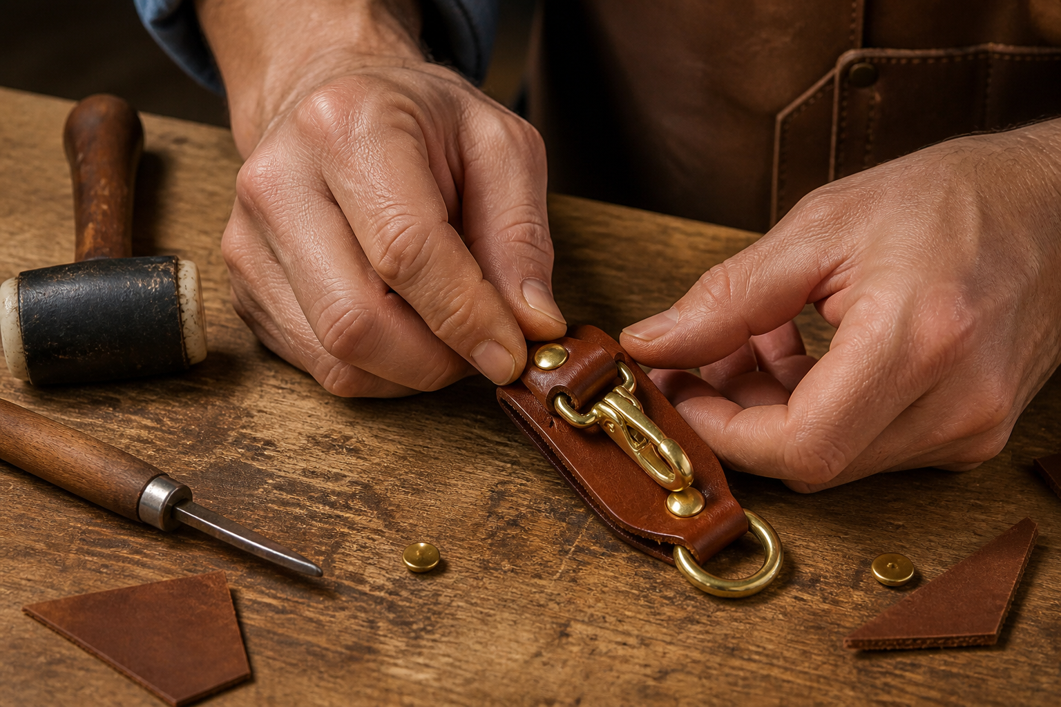 Leather artisan setting and checking a brass rivet on a cowhide key holder