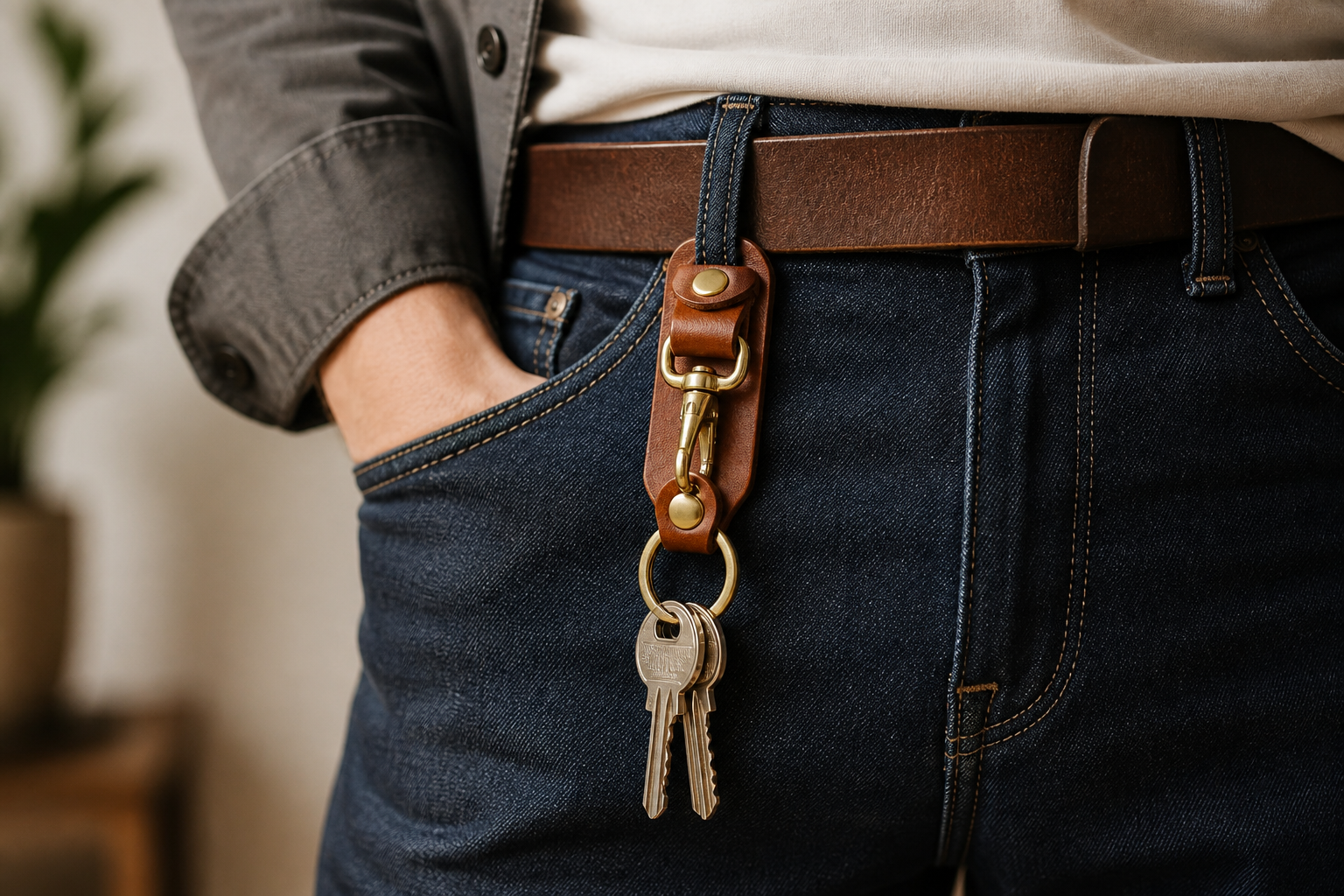 Cowhide waist keychain clipped to a denim belt loop
