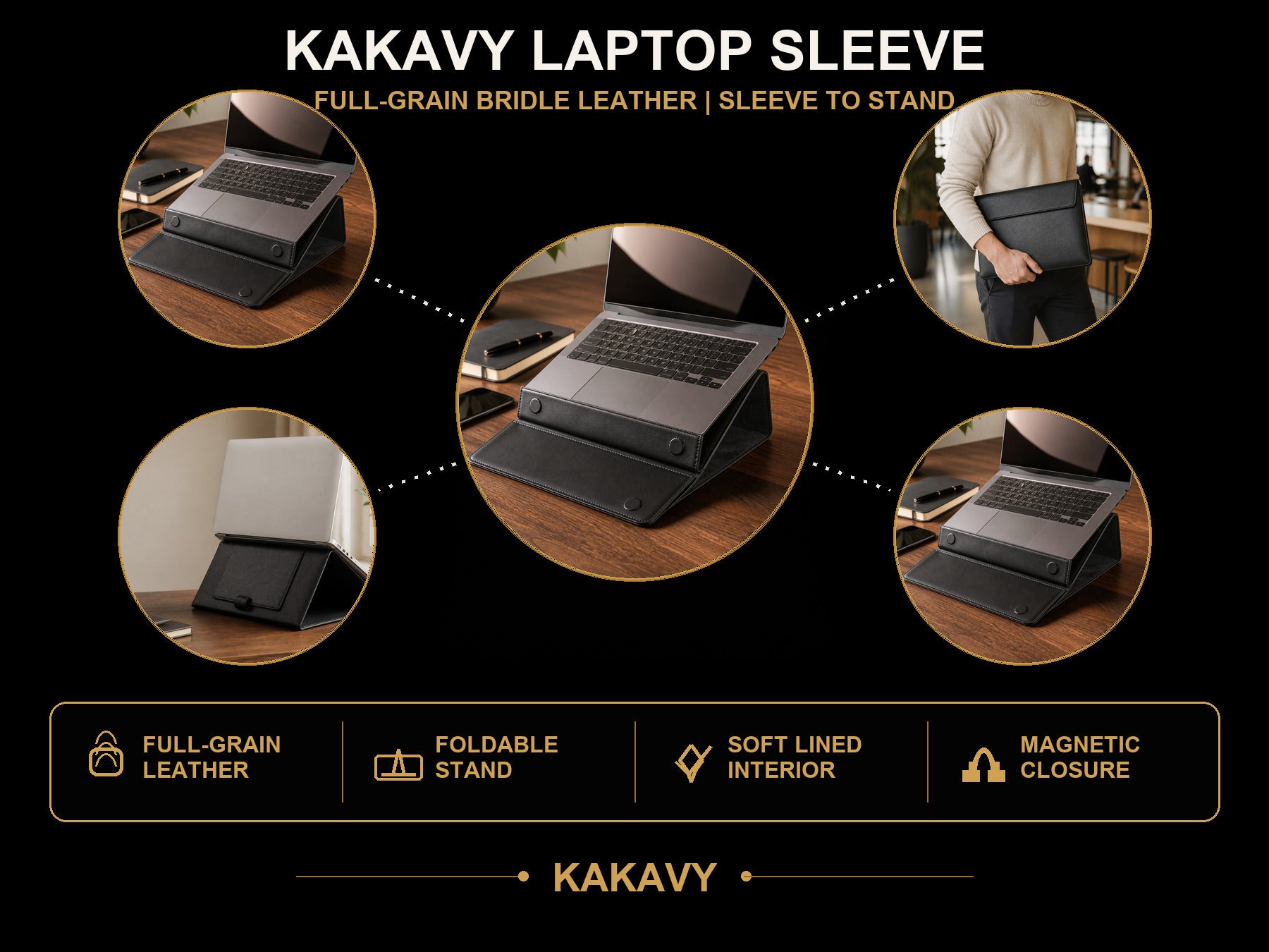 KAKAVY laptop sleeve and stand black and gold detail information graphic