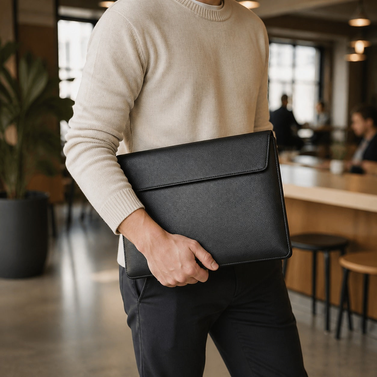 Leather laptop sleeve carried during a daily commute