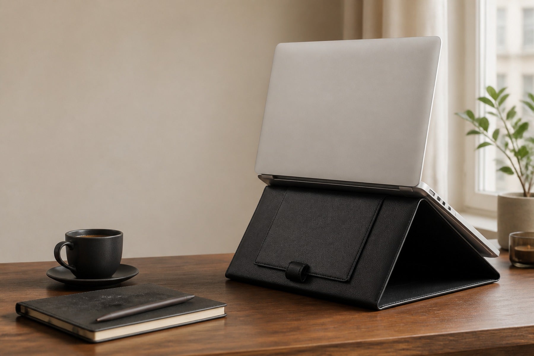 Full-grain leather laptop sleeve folded into a stand on a work desk