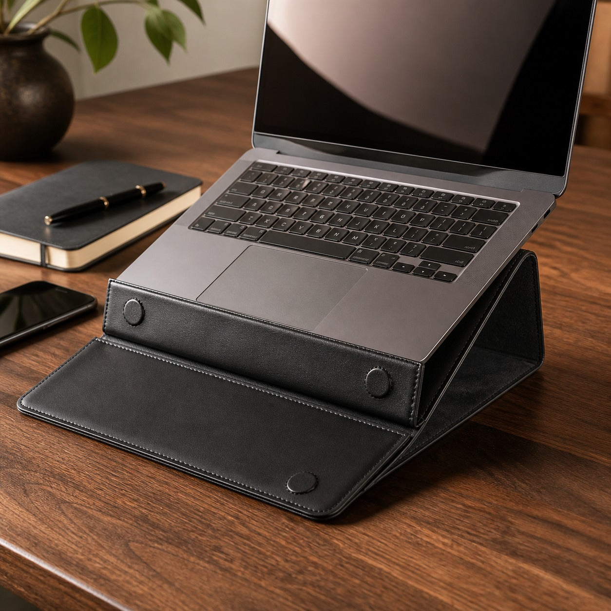 Leather laptop sleeve folded into a desk stand with a laptop