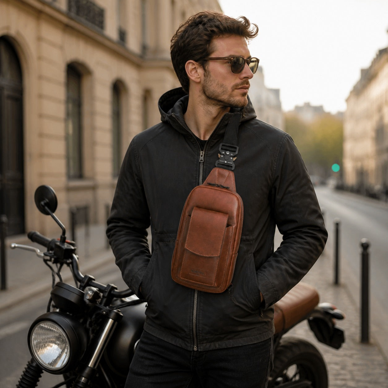 Brown leather motorcycle chest pack worn crossbody on a city commute