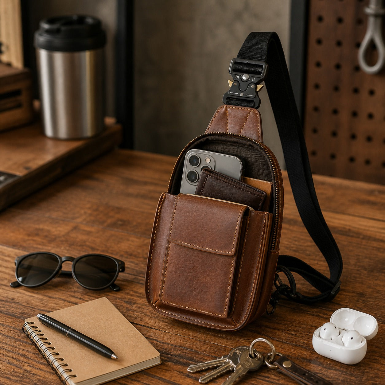 Open brown leather chest pack with phone wallet keys sunglasses earbuds and notebook