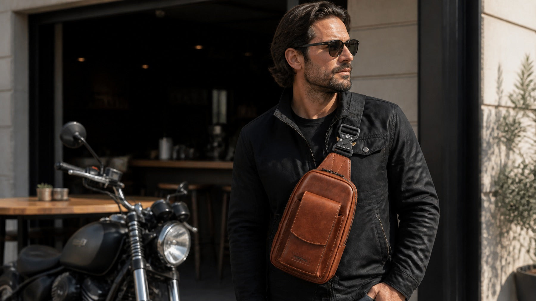 Vintage brown leather motorcycle chest pack worn for an everyday ride