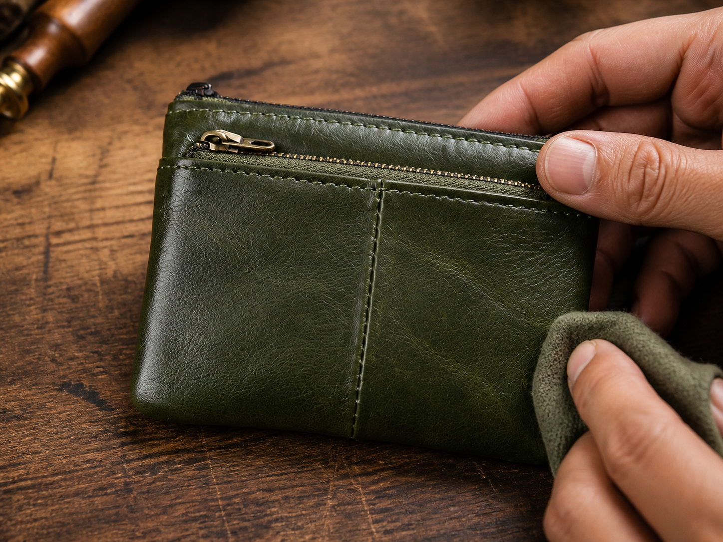 Close-up of the green leather wallet, stitching, and metal zipper details