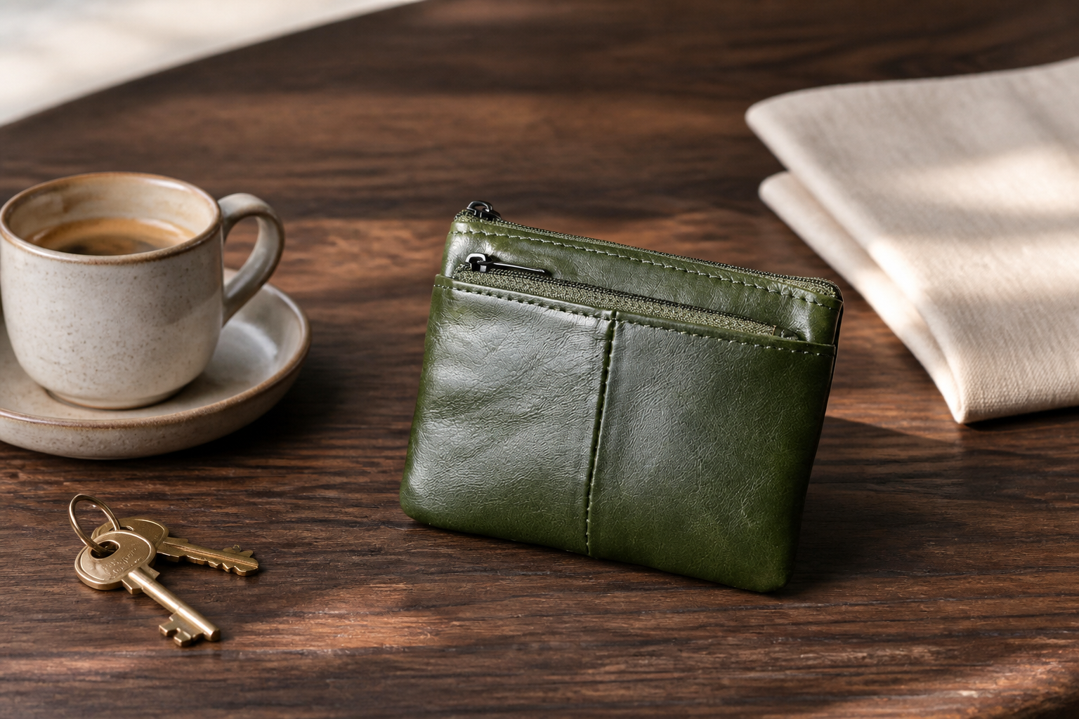 Avocado green leather zip wallet on a wooden table beside coffee and keys